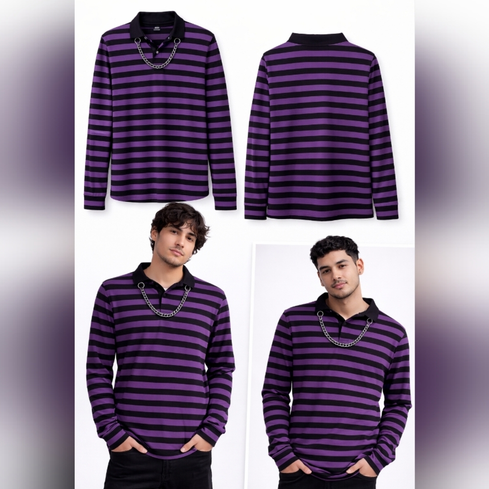 Hot Topic Purple & Black Striped Chain Polo – Gothic Alt Long Sleeve – Men’s